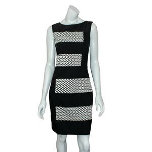 Joseph Ribkoff Size 8 Sleeveless Sheath Dress Black White Geo Panel